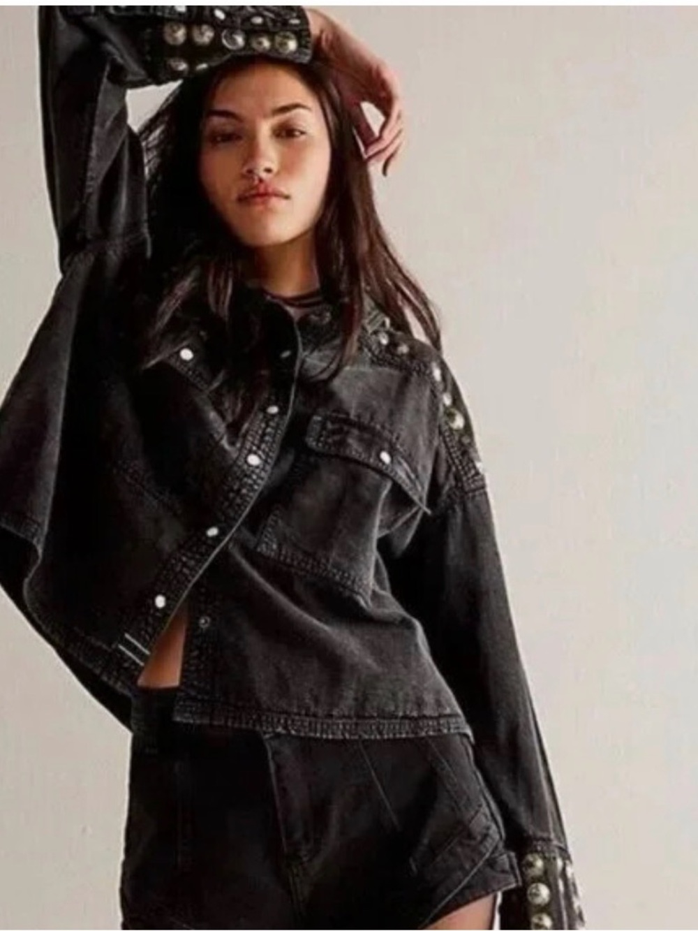Free People Austin Stud-Embellished Black Denim Jacket - Women